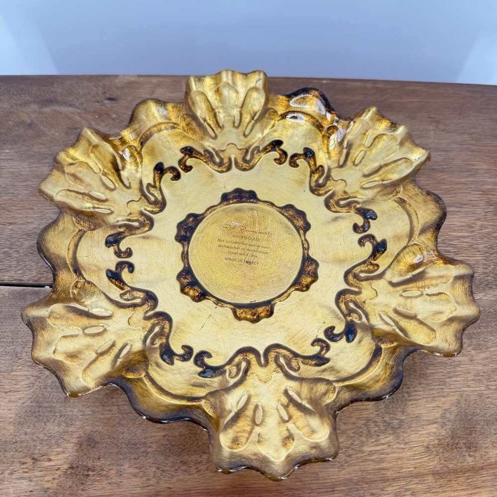 Red Pomegranate Gilded Glass‎ Centerpiece Bowl Handmade Turkey Gold Ruffled 9"
